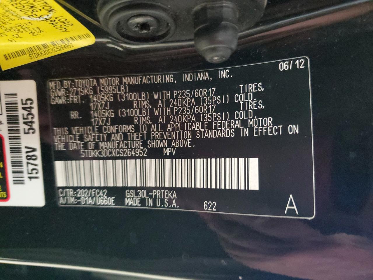 2012 Toyota Sienna Le VIN: 5TDKK3DCXCS264952 Lot: 80400555