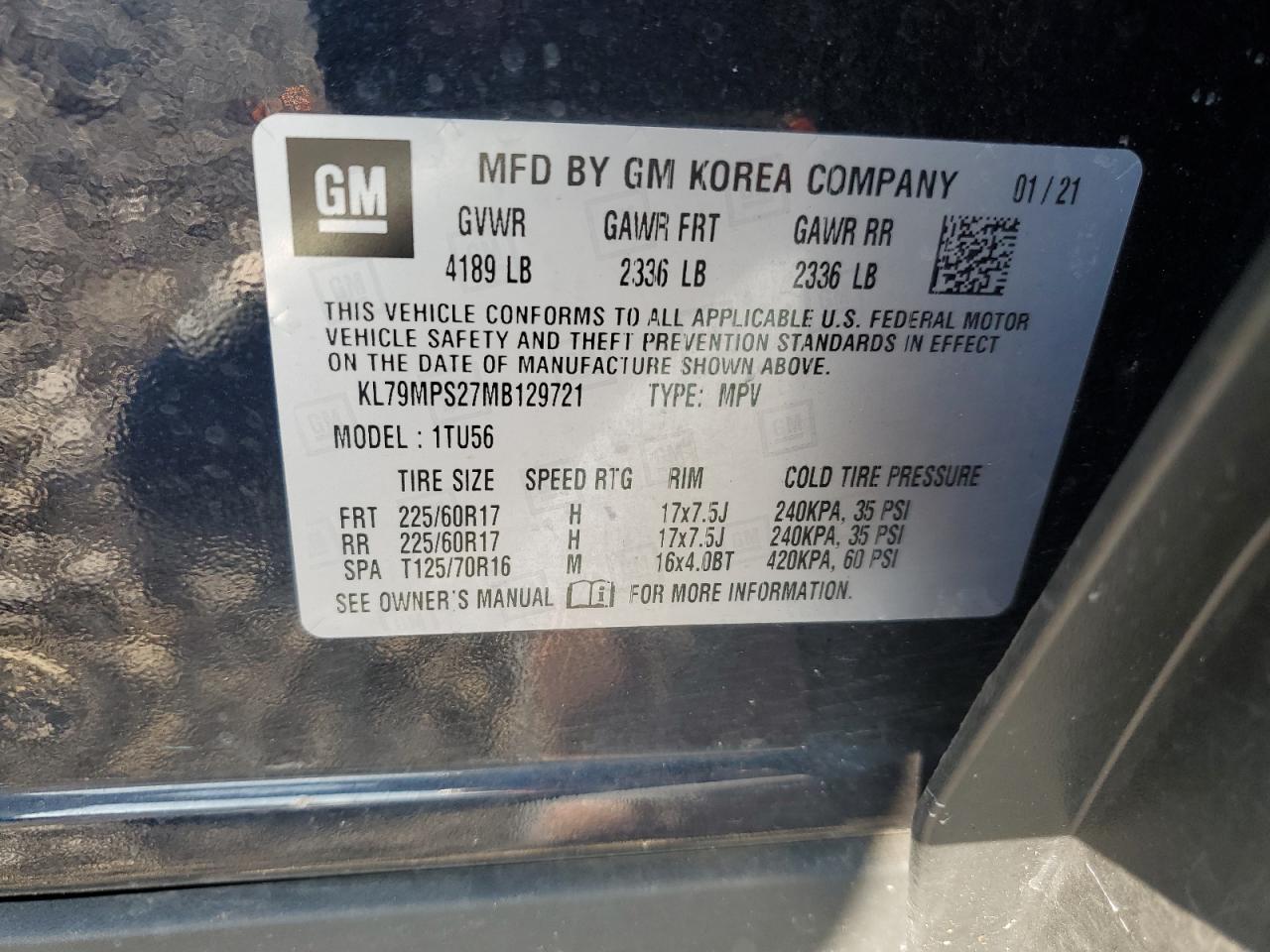 2021 Chevrolet Trailblazer Lt VIN: KL79MPS27MB129721 Lot: 71317545