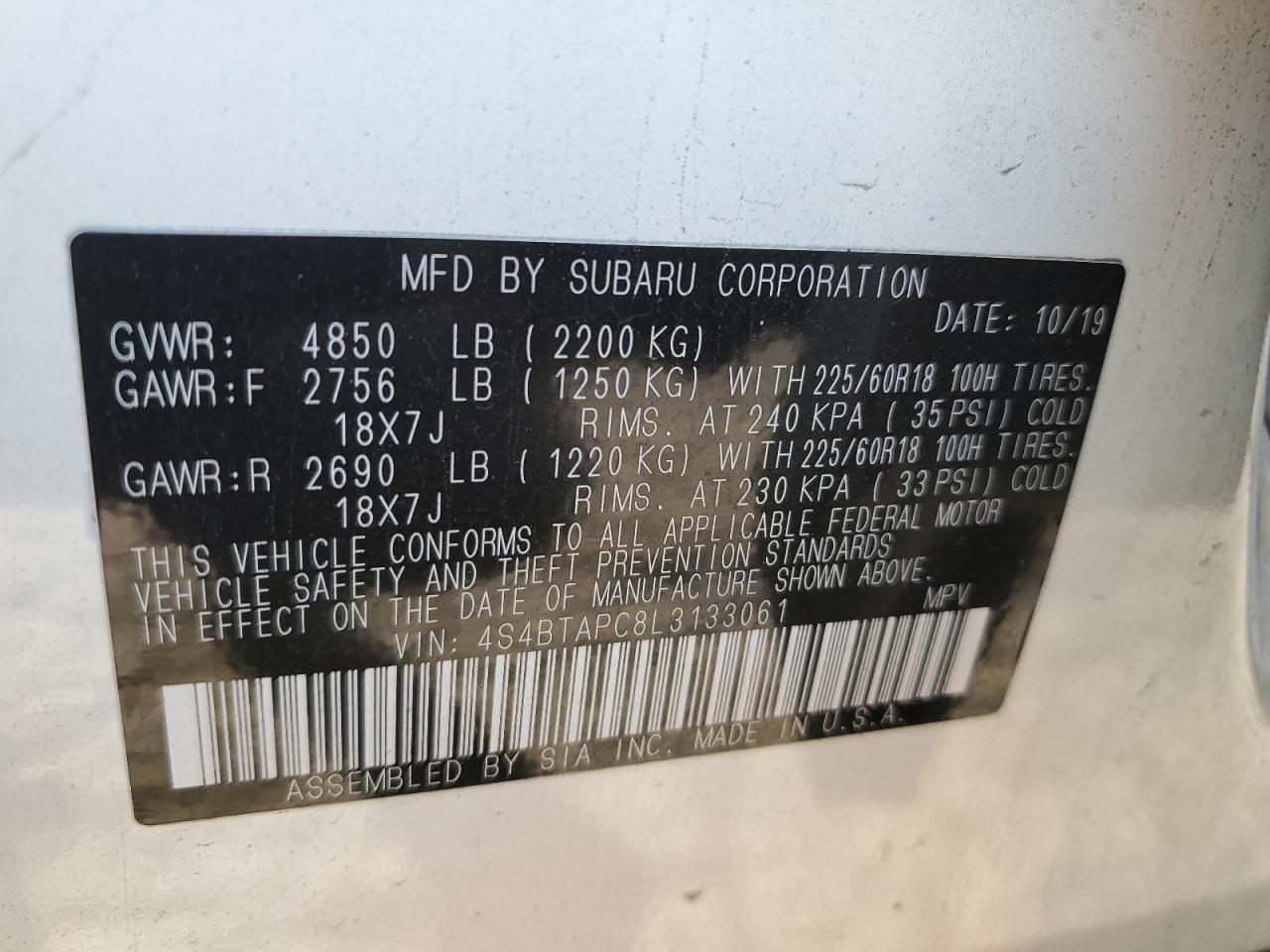 2020 Subaru Outback Touring VIN: 4S4BTAPC8L3133061 Lot: 84056615