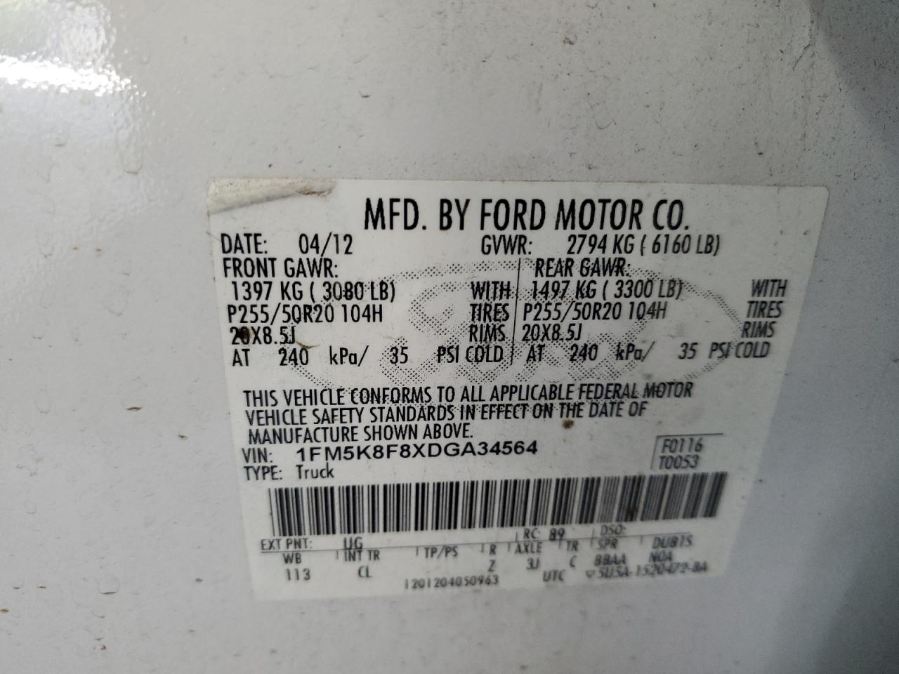 2013 Ford Explorer Limited VIN: 1FM5K8F8XDGA34564 Lot: 81706085