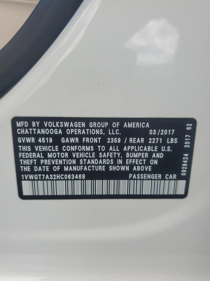 2017 Volkswagen Passat Se VIN: 1VWGT7A32HC063468 Lot: 80897775