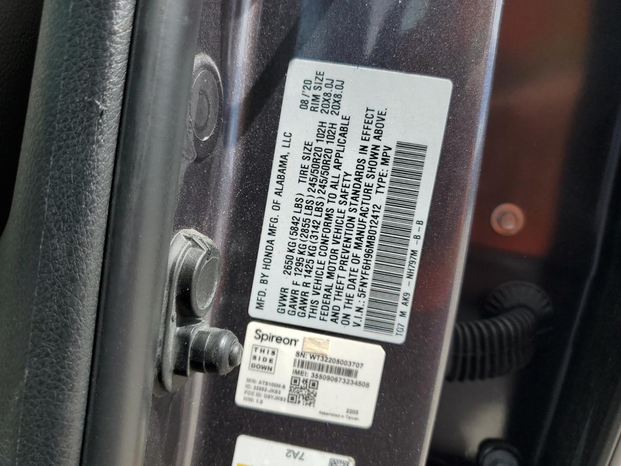 2021 Honda Pilot Touring VIN: 5FNYF6H96MB012412 Lot: 84603215