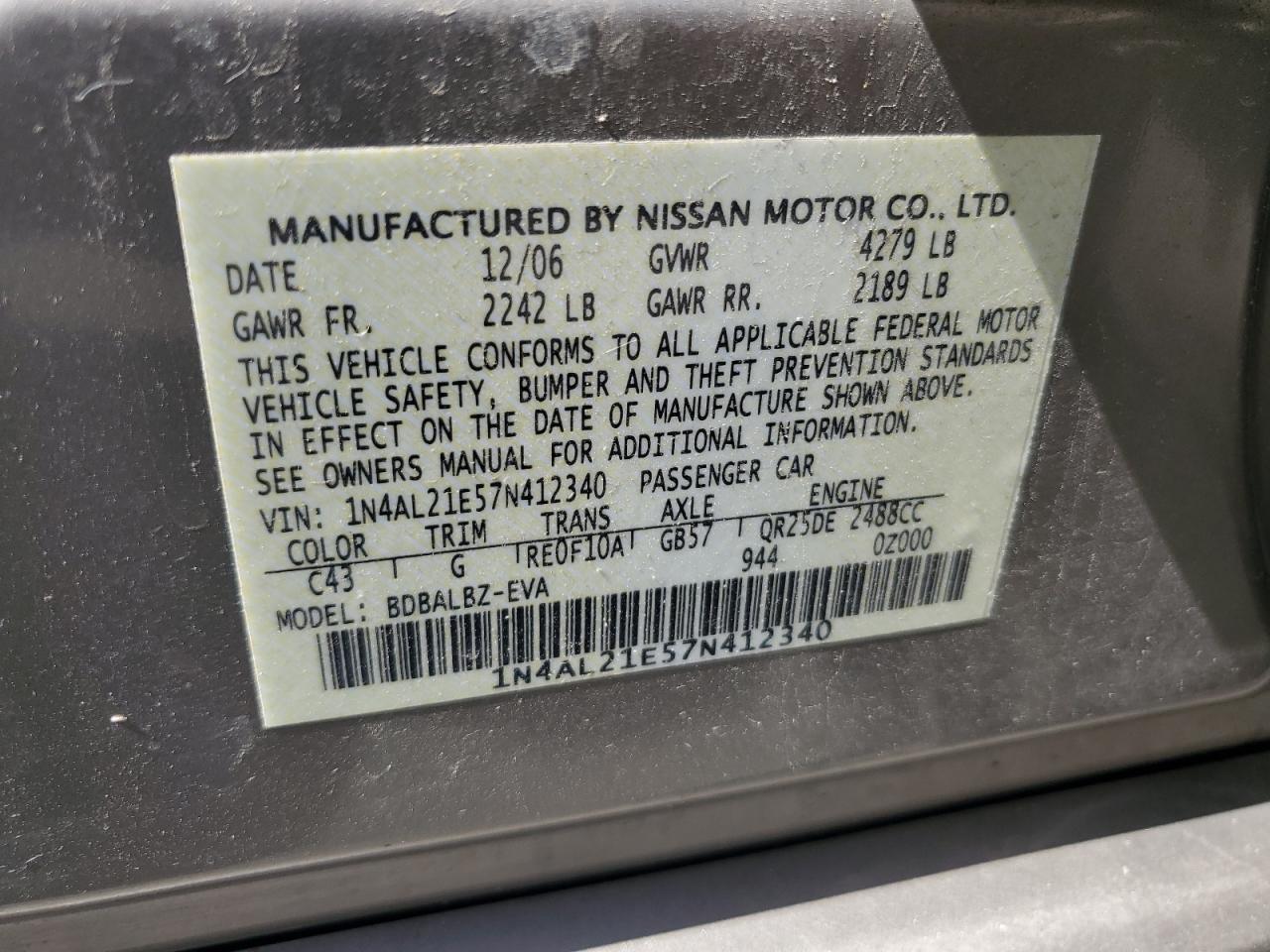 2007 Nissan Altima 2.5 VIN: 1N4AL21E57N412340 Lot: 71802755