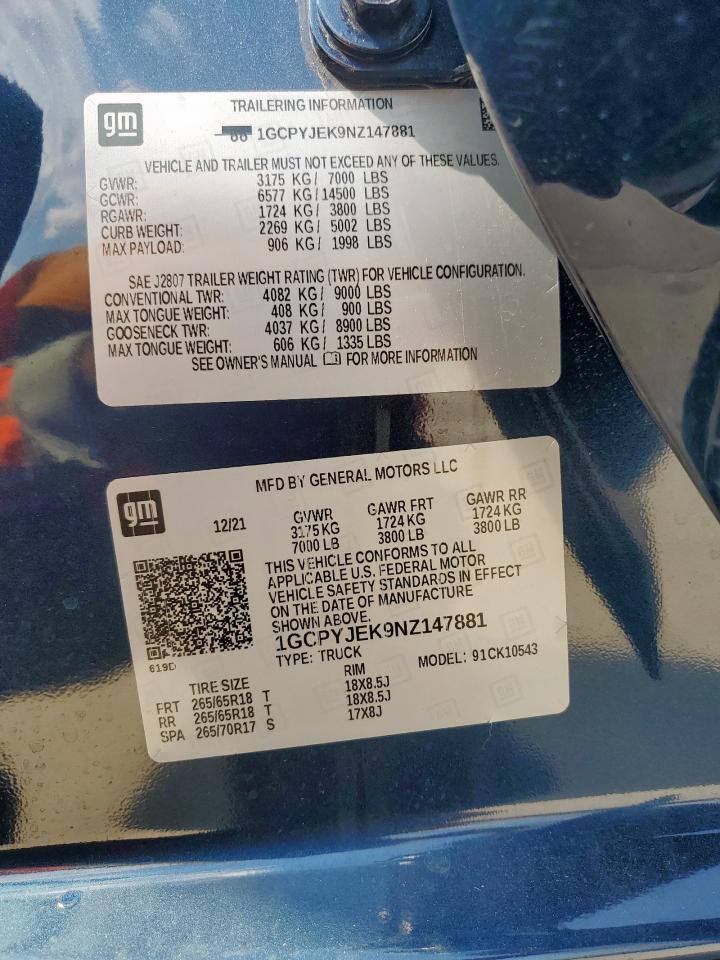 2022 Chevrolet Silverado Ltd K1500 Lt-L VIN: 1GCPYJEK9NZ147881 Lot: 81047565