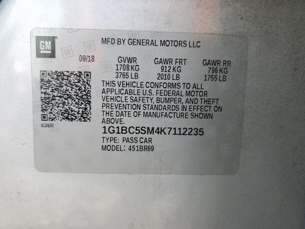 2019 Chevrolet Cruze Ls VIN: 1G1BC5SM4K7112235 Lot: 81421275