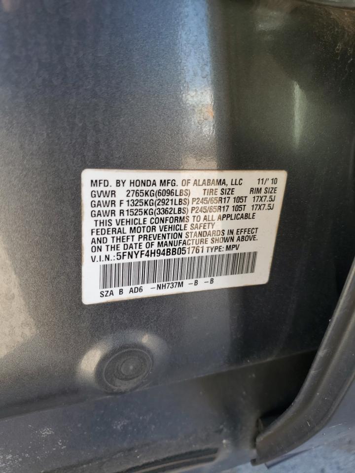 2011 Honda Pilot Touring VIN: 5FNYF4H94BB051761 Lot: 81001295