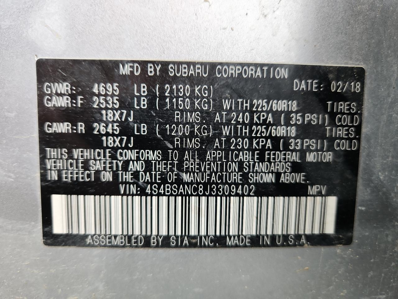 2018 Subaru Outback 2.5I Limited VIN: 4S4BSANC8J3309402 Lot: 83781765