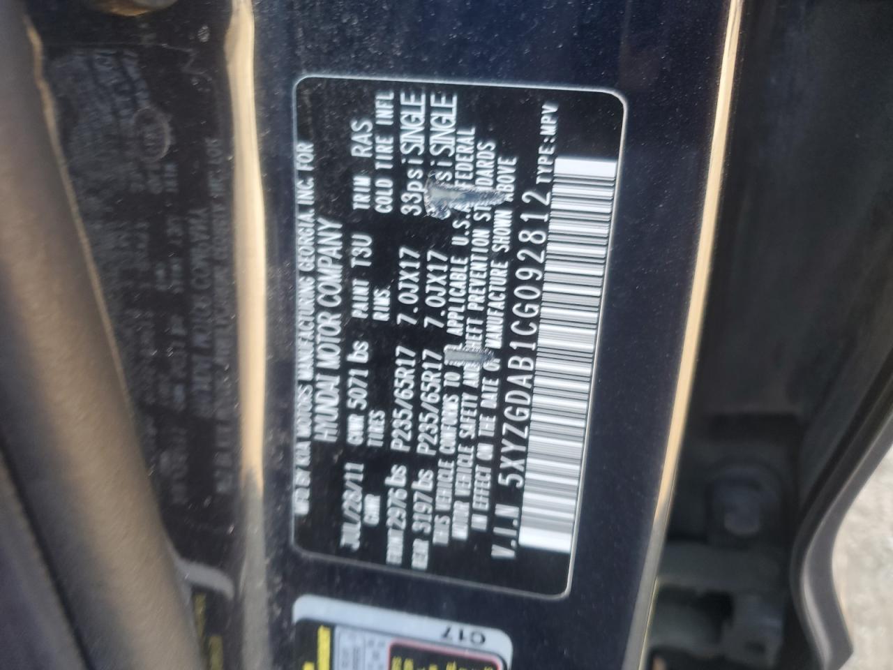 2012 Hyundai Santa Fe Gls VIN: 5XYZGDAB1CG092812 Lot: 84626635