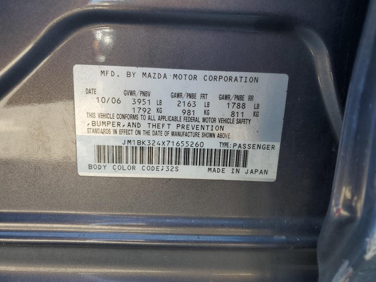 2007 Mazda 3 S VIN: JM1BK324X71655260 Lot: 83821075