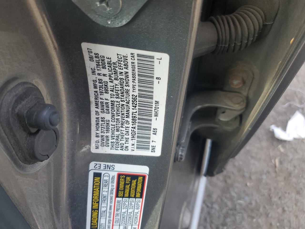 2007 Honda Civic Ex VIN: 1HGFA16897L142562 Lot: 84436255