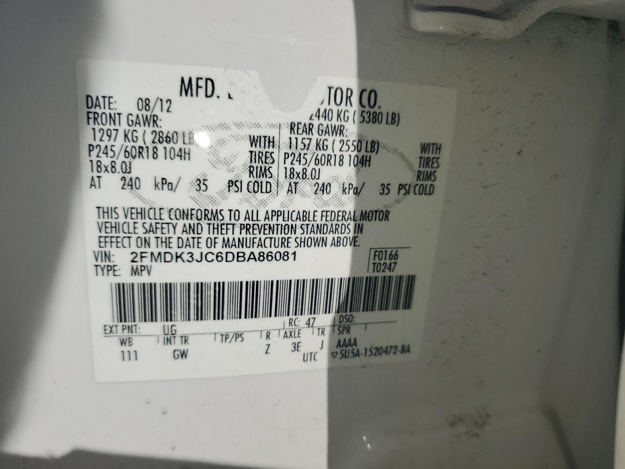 2013 Ford Edge Sel VIN: 2FMDK3JC6DBA86081 Lot: 84605725