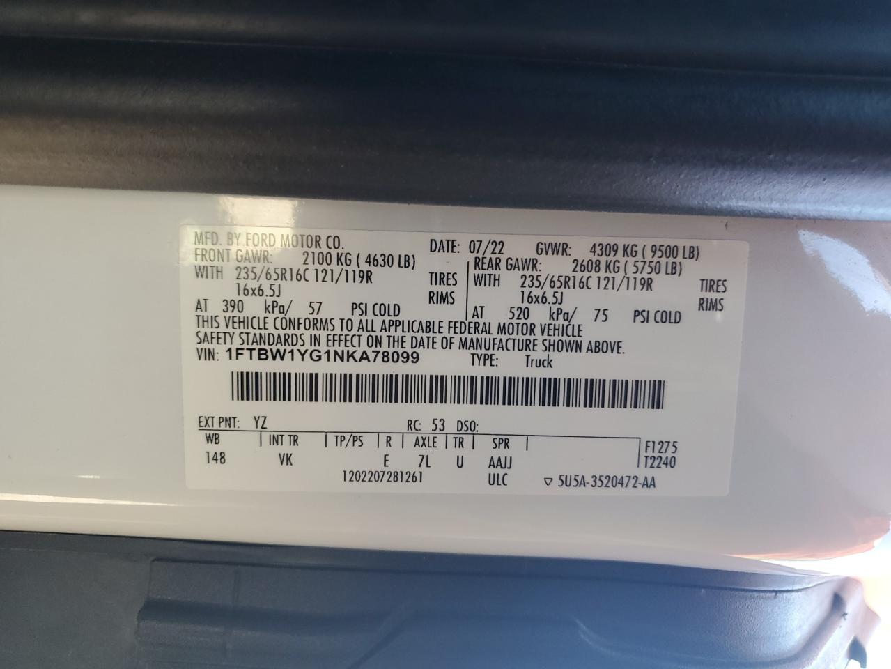 2022 Ford Transit T-350 VIN: 1FTBW1YG1NKA78099 Lot: 81607855