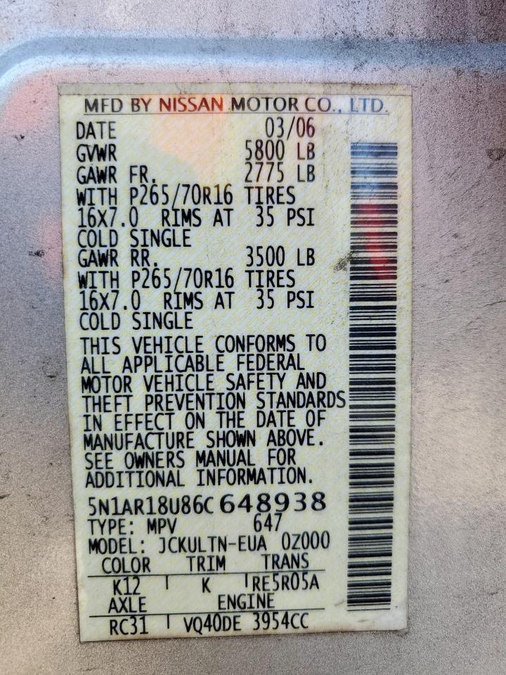 2006 Nissan Pathfinder Le VIN: 5N1AR18U86C648938 Lot: 80176335