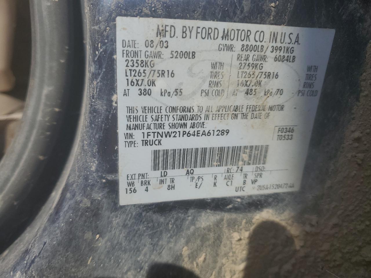 2004 Ford F250 Super Duty VIN: 1FTNW21P64EA61289 Lot: 70872075