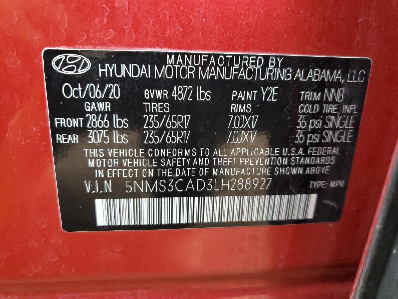 2020 Hyundai Santa Fe Sel VIN: 5NMS3CAD3LH288927 Lot: 80808705