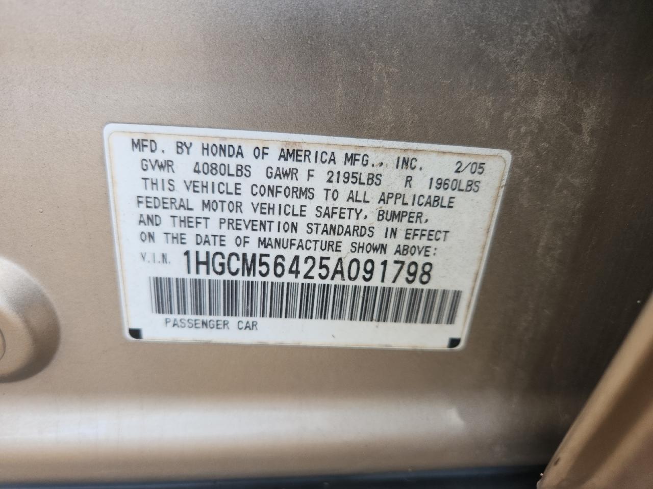 2005 Honda Accord VIN: 1HGCM56425A091798 Lot: 81888415