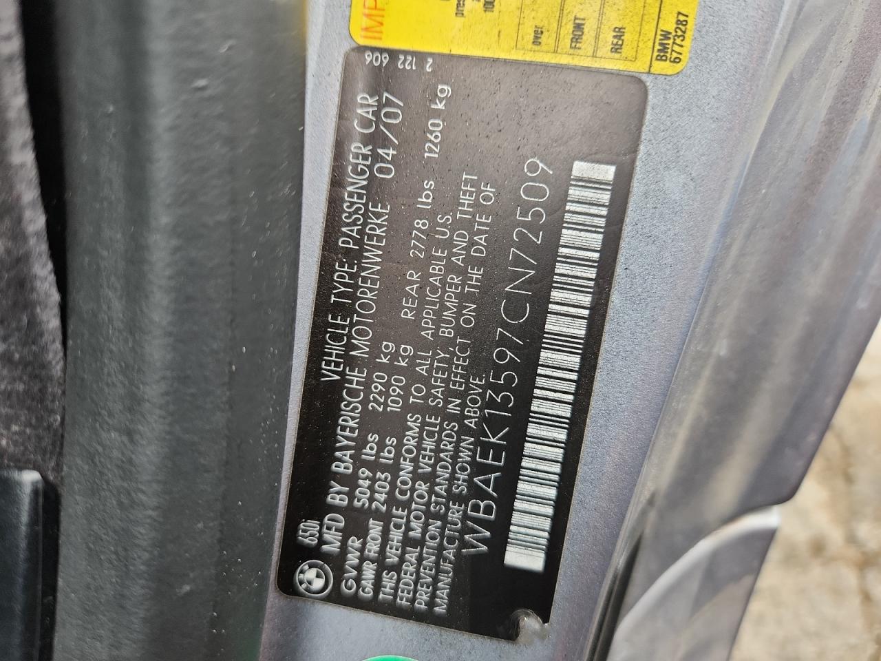 2007 BMW 650 I VIN: WBAEK13597CN72509 Lot: 81504285