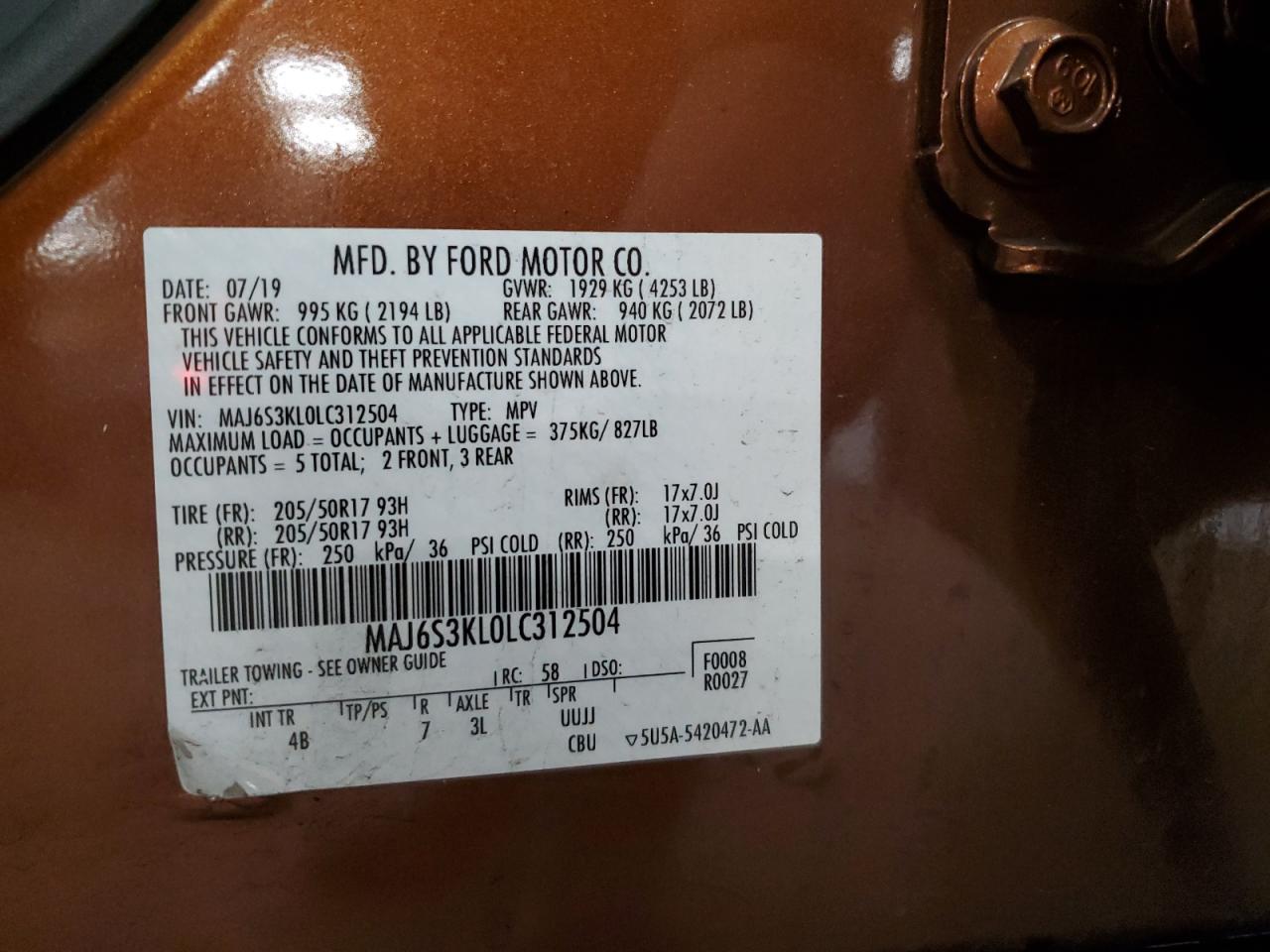 2020 Ford Ecosport Titanium VIN: MAJ6S3KL0LC312504 Lot: 70816695