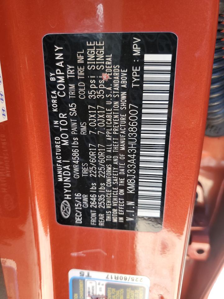 2017 Hyundai Tucson Limited VIN: KM8J33A43HU386007 Lot: 80500665