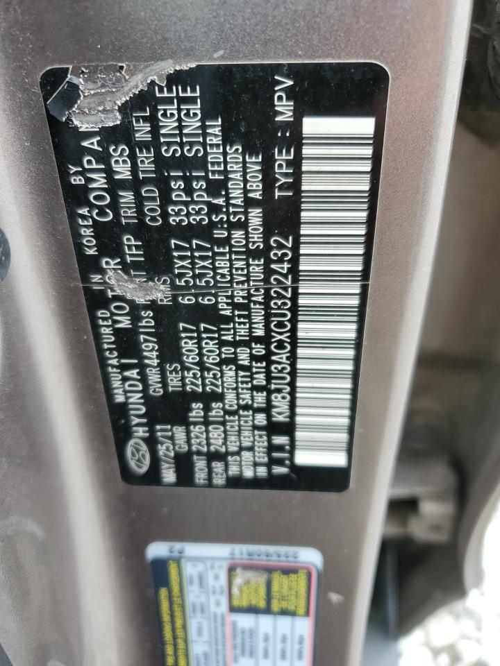 2012 Hyundai Tucson Gls VIN: KM8JU3ACXCU322432 Lot: 83851635