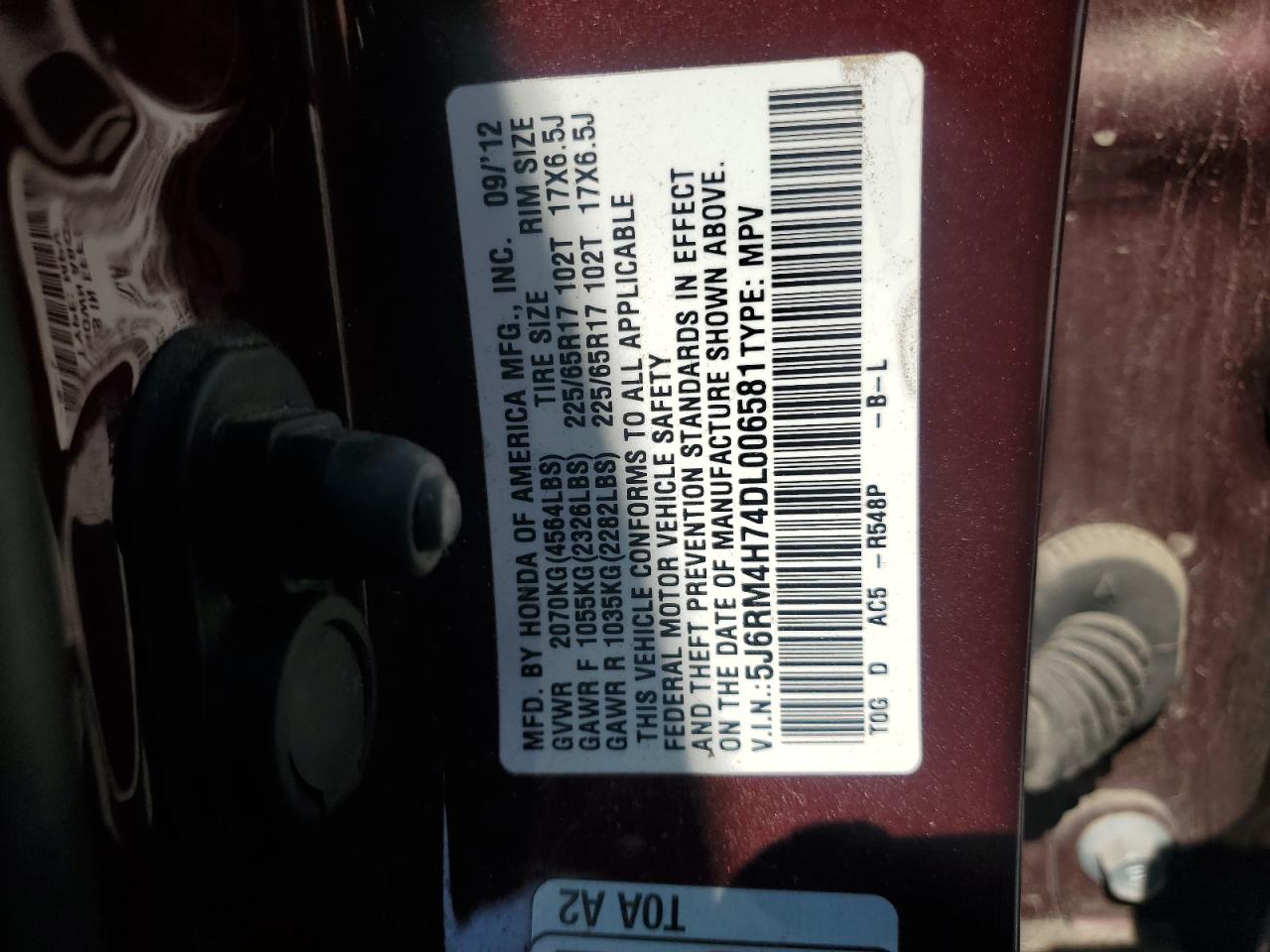 2013 Honda Cr-V Exl VIN: 5J6RM4H74DL006581 Lot: 80109225