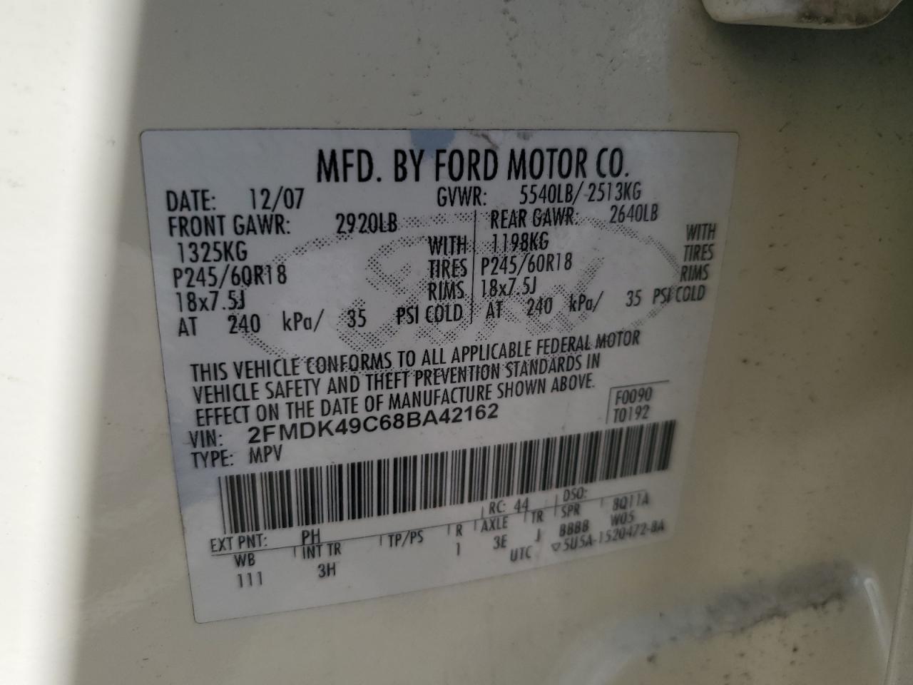 2008 Ford Edge Limited VIN: 2FMDK49C68BA42162 Lot: 71308235