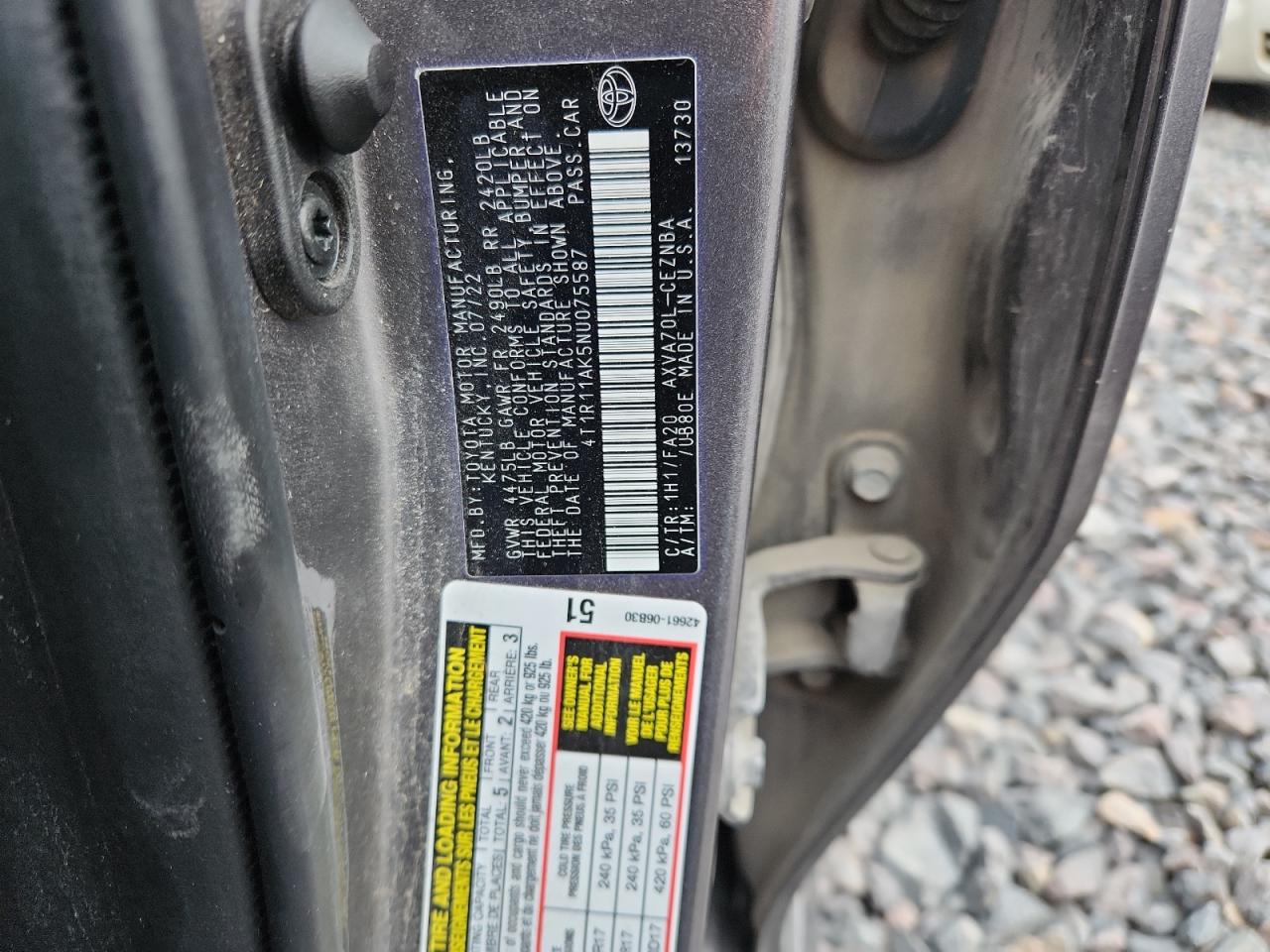 2022 Toyota Camry Le VIN: 4T1R11AK5NU075587 Lot: 83808935