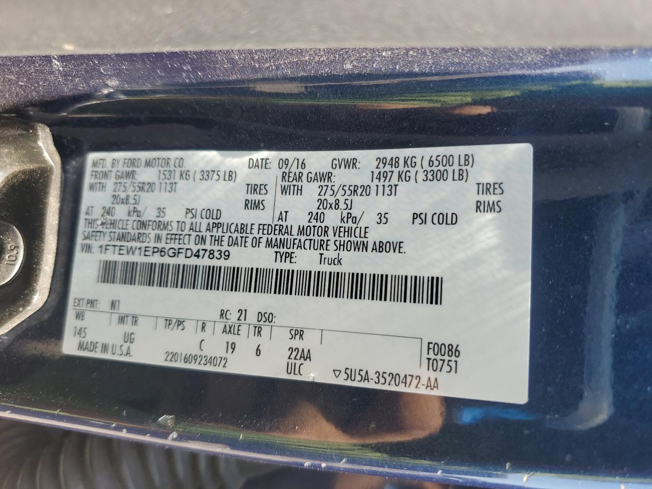 2016 Ford F150 Supercrew VIN: 1FTEW1EP6GFD47839 Lot: 80402045