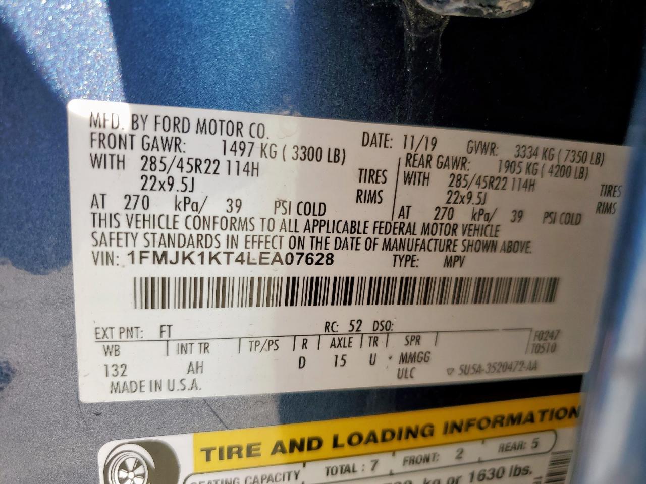 2020 Ford Expedition Max Limited VIN: 1FMJK1KT4LEA07628 Lot: 83995925