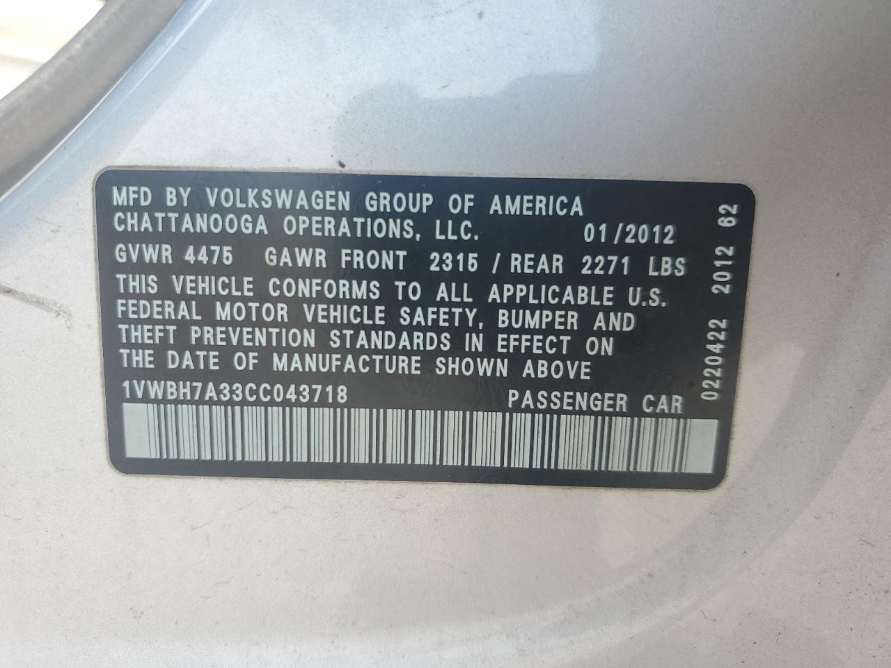 2012 Volkswagen Passat Se VIN: 1VWBH7A33CC043718 Lot: 80064665