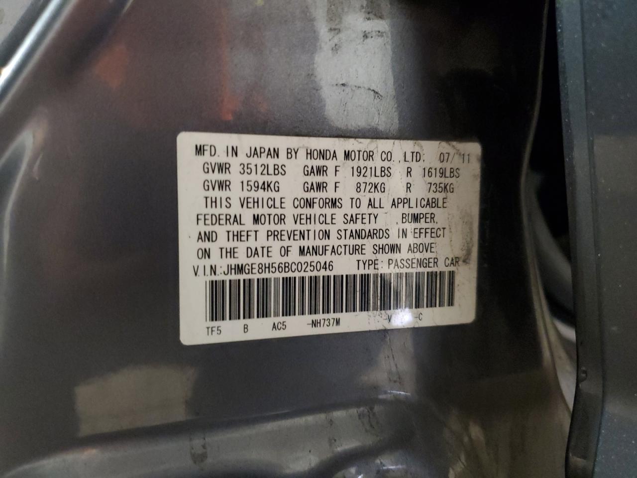 2011 Honda Fit Sport VIN: JHMGE8H56BC025046 Lot: 83749675