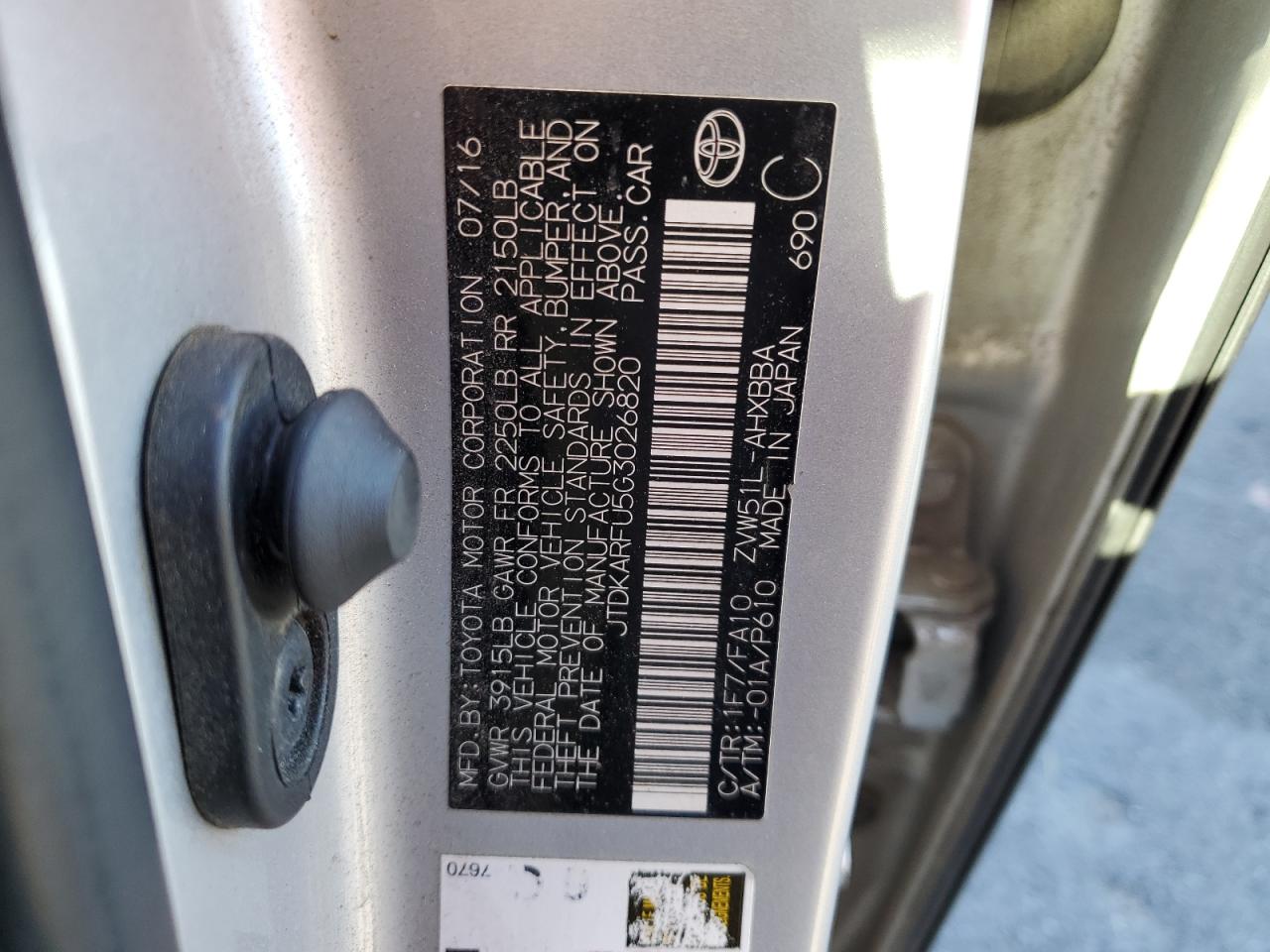 2016 Toyota Prius VIN: JTDKARFU5G3026820 Lot: 84453615