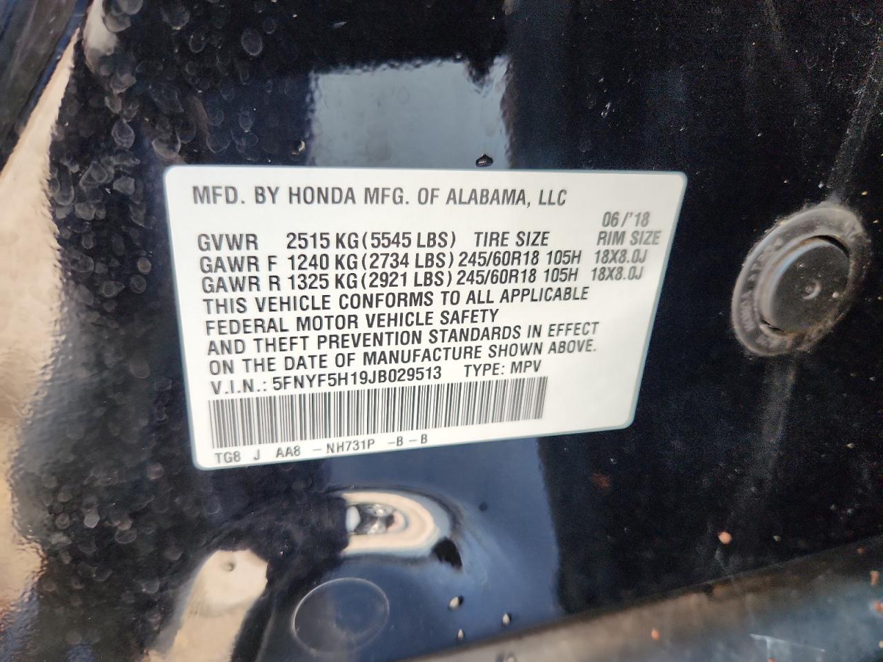 2018 Honda Pilot Lx VIN: 5FNYF5H19JB029513 Lot: 81263635