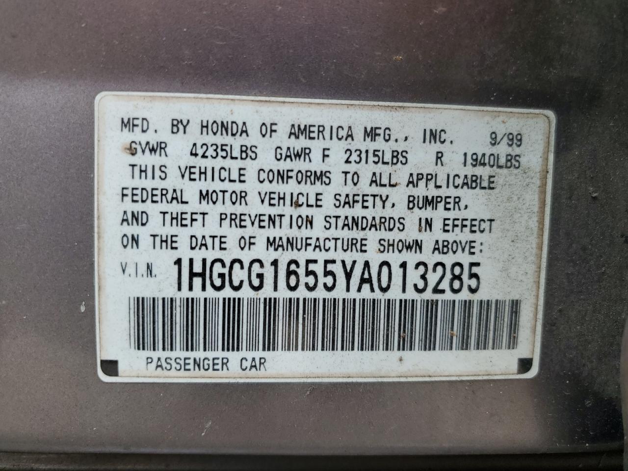 2000 Honda Accord Ex VIN: 1HGCG1655YA013285 Lot: 80849585