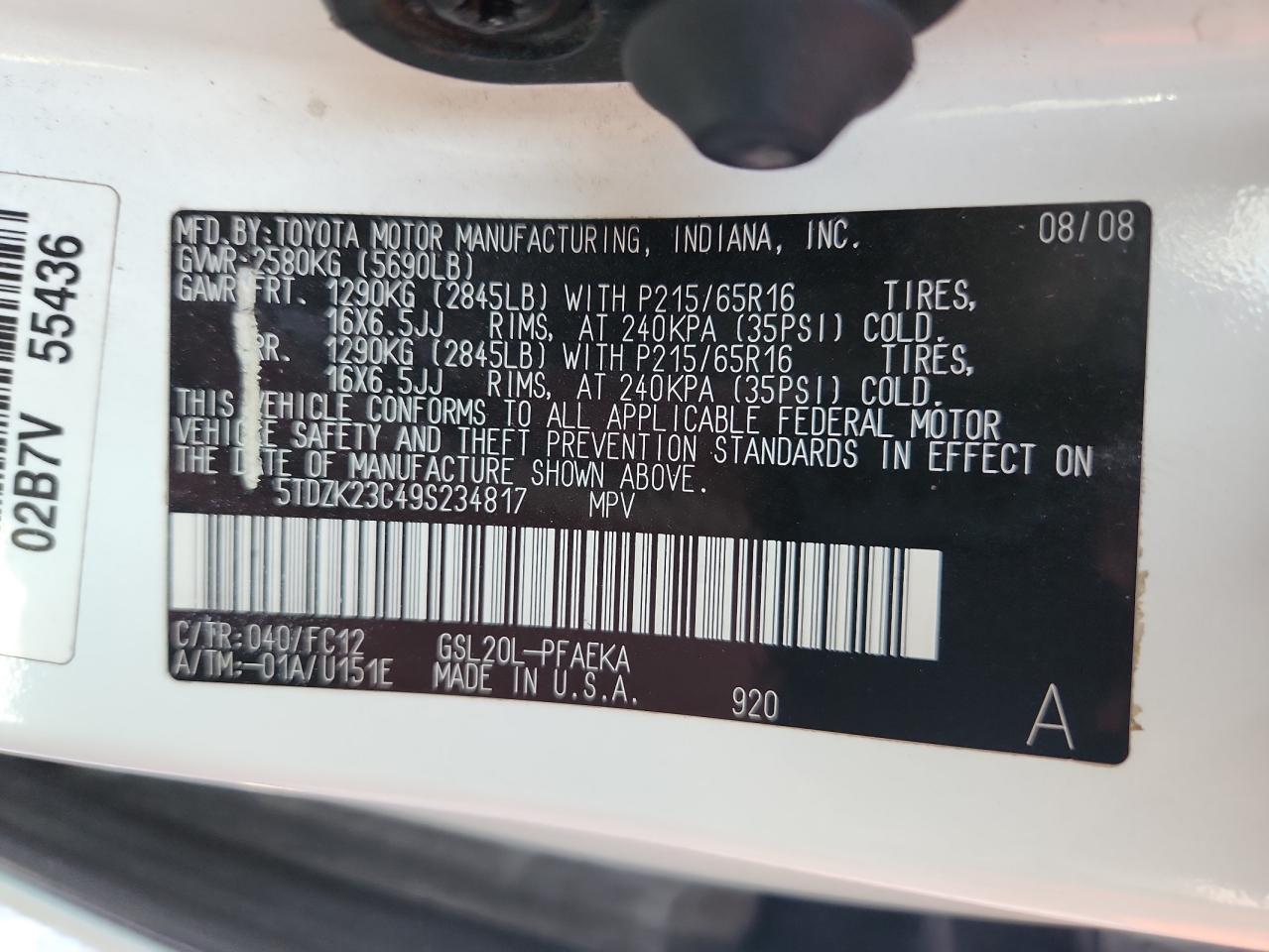 2009 Toyota Sienna Ce VIN: 5TDZK23C49S234817 Lot: 80113625