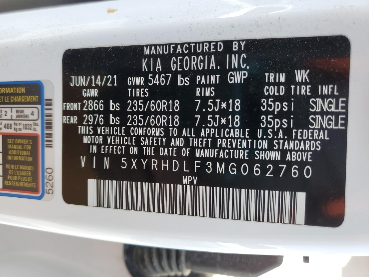 2021 Kia Sorento Ex VIN: 5XYRHDLF3MG062760 Lot: 80573635