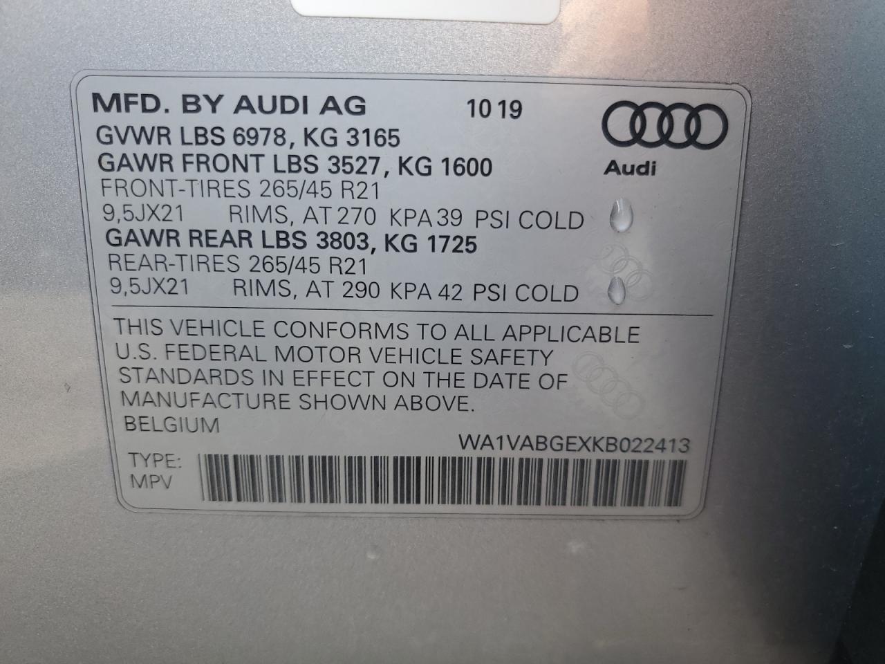 2019 Audi E-Tron Prestige VIN: WA1VABGEXKB022413 Lot: 71600025