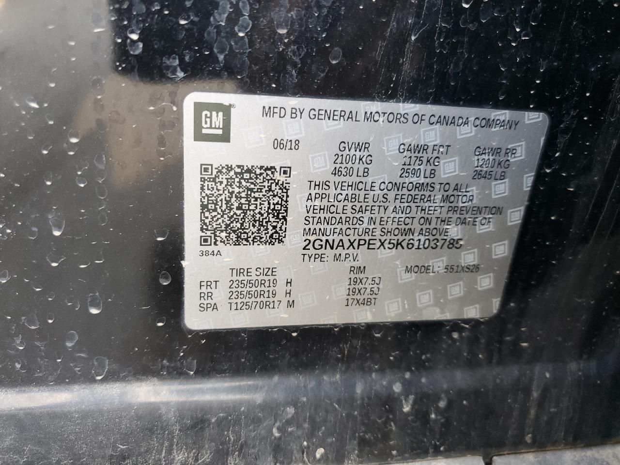 2019 Chevrolet Equinox Premier VIN: 2GNAXPEX5K6103785 Lot: 81030165