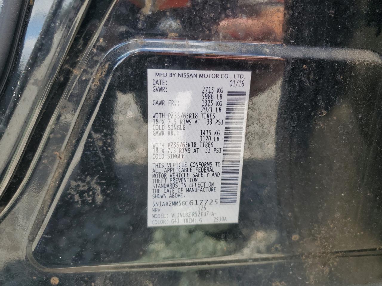 2016 Nissan Pathfinder S VIN: 5N1AR2MM5GC617725 Lot: 81712865