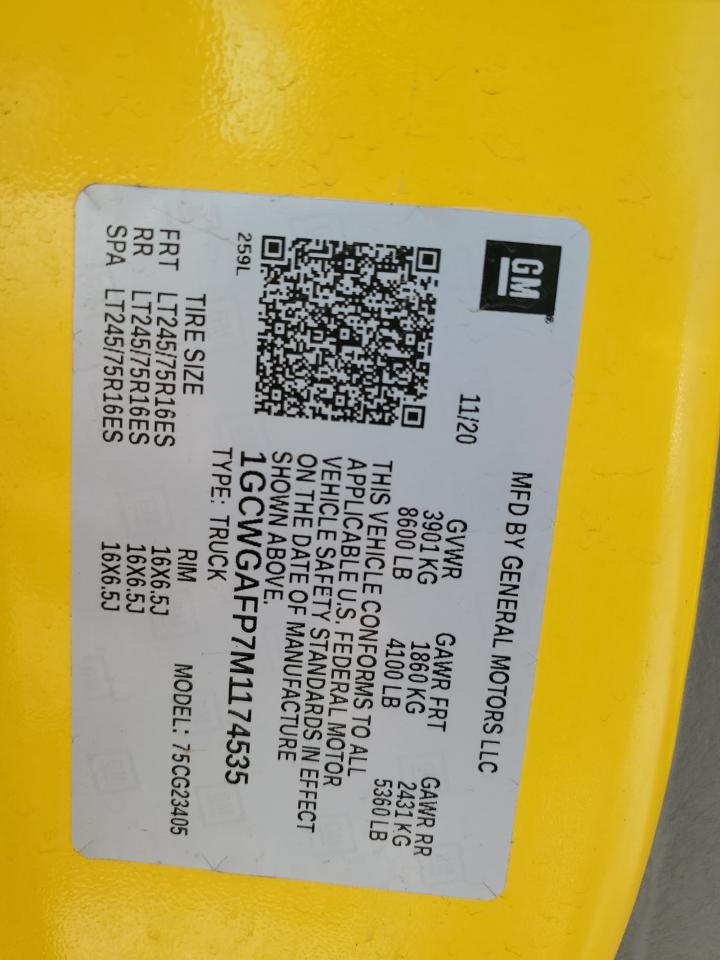 2021 Chevrolet Express G2500 VIN: 1GCWGAFP7M1174535 Lot: 80334565