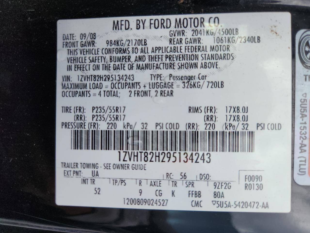 2009 Ford Mustang Gt VIN: 1ZVHT82H295134243 Lot: 81117775