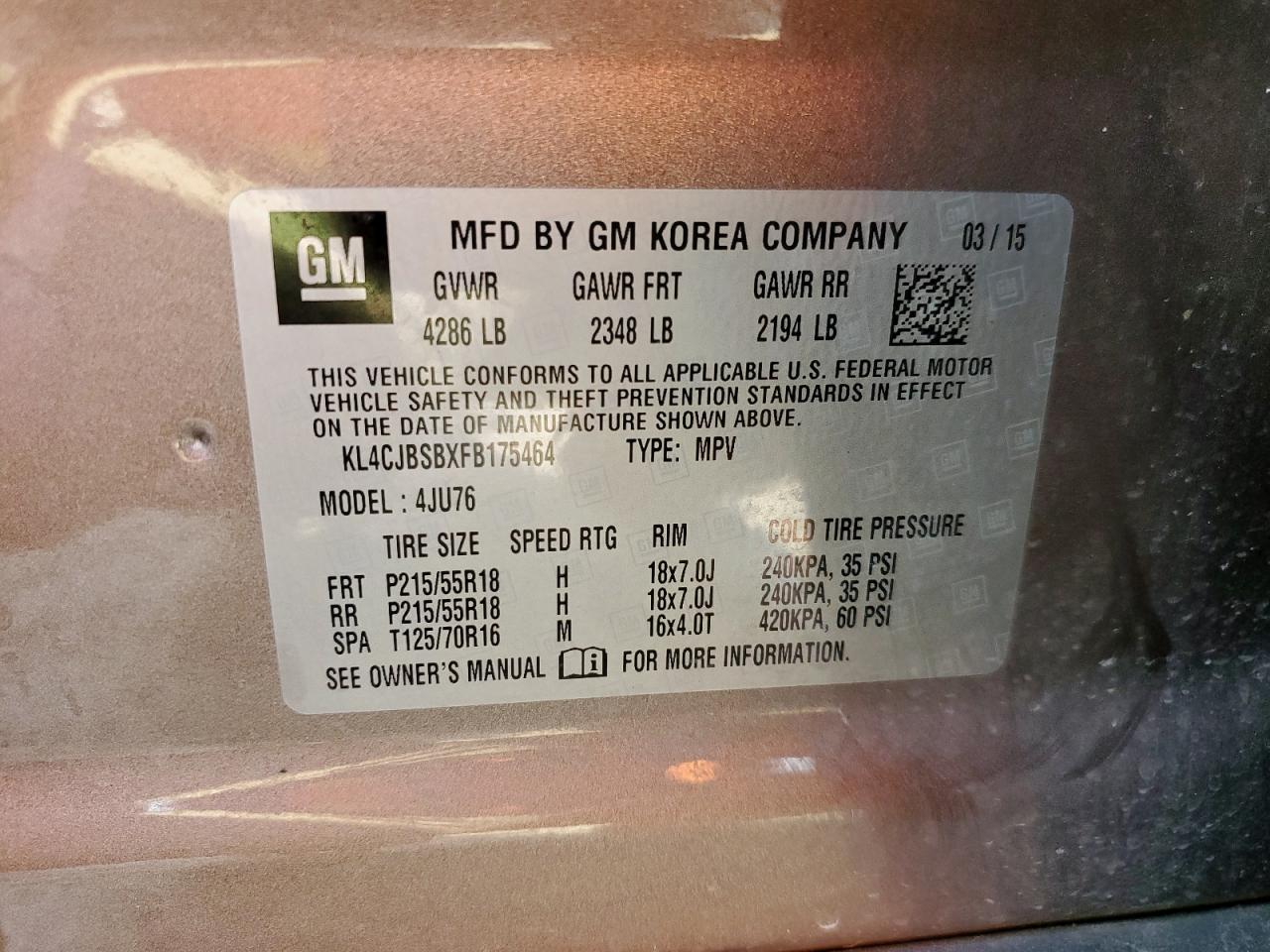 2015 Buick Encore Convenience VIN: KL4CJBSBXFB175464 Lot: 82094385