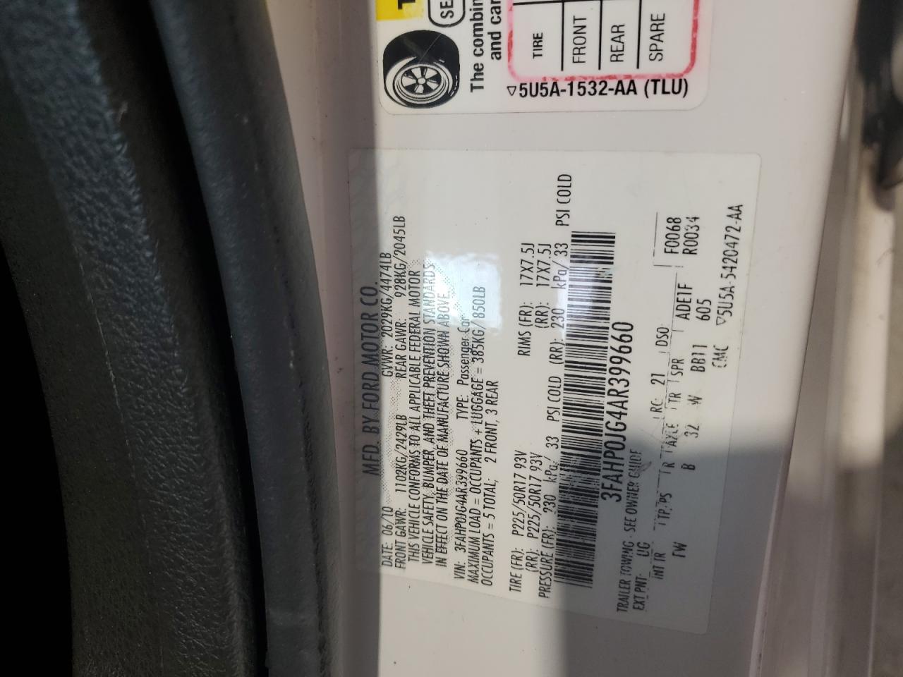 2010 Ford Fusion Sel VIN: 3FAHP0JG4AR399660 Lot: 81725895