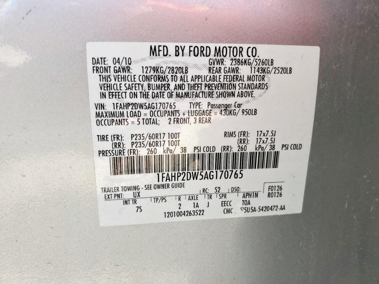 2010 Ford Taurus Se VIN: 1FAHP2DW5AG170765 Lot: 80505345