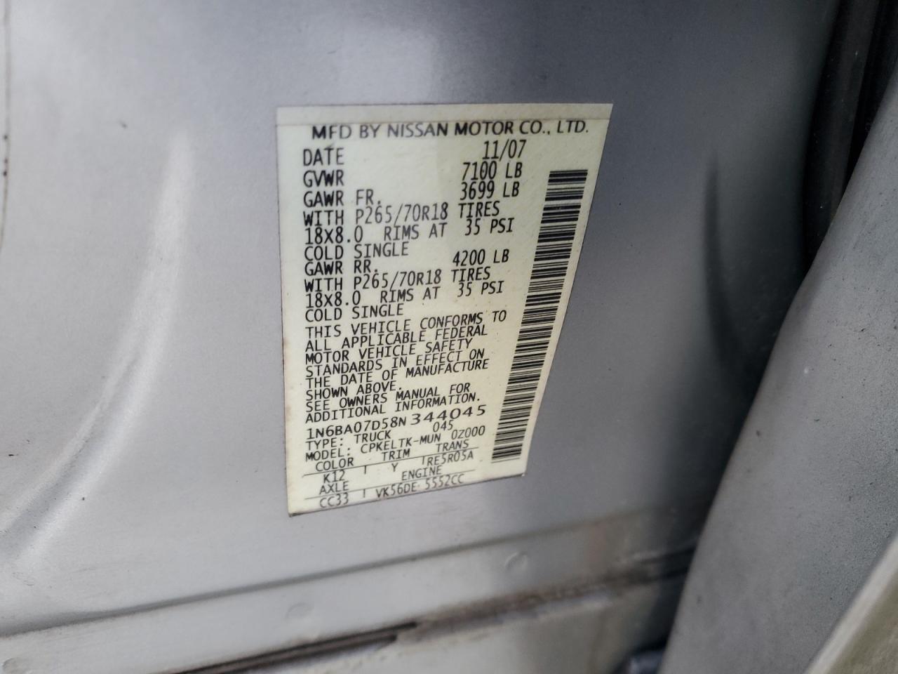 2008 Nissan Titan Xe VIN: 1N6BA07D58N344045 Lot: 81499775