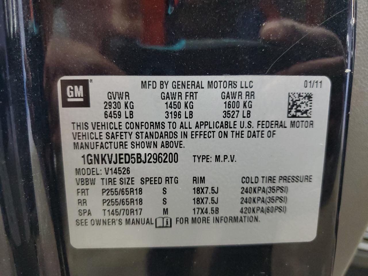 2011 Chevrolet Traverse Lt VIN: 1GNKVJED5BJ296200 Lot: 81681335