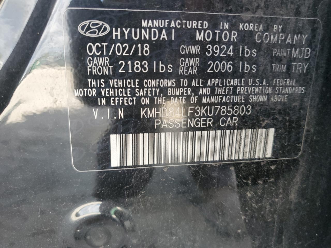 2019 Hyundai Elantra Sel VIN: KMHD84LF3KU785803 Lot: 84272095