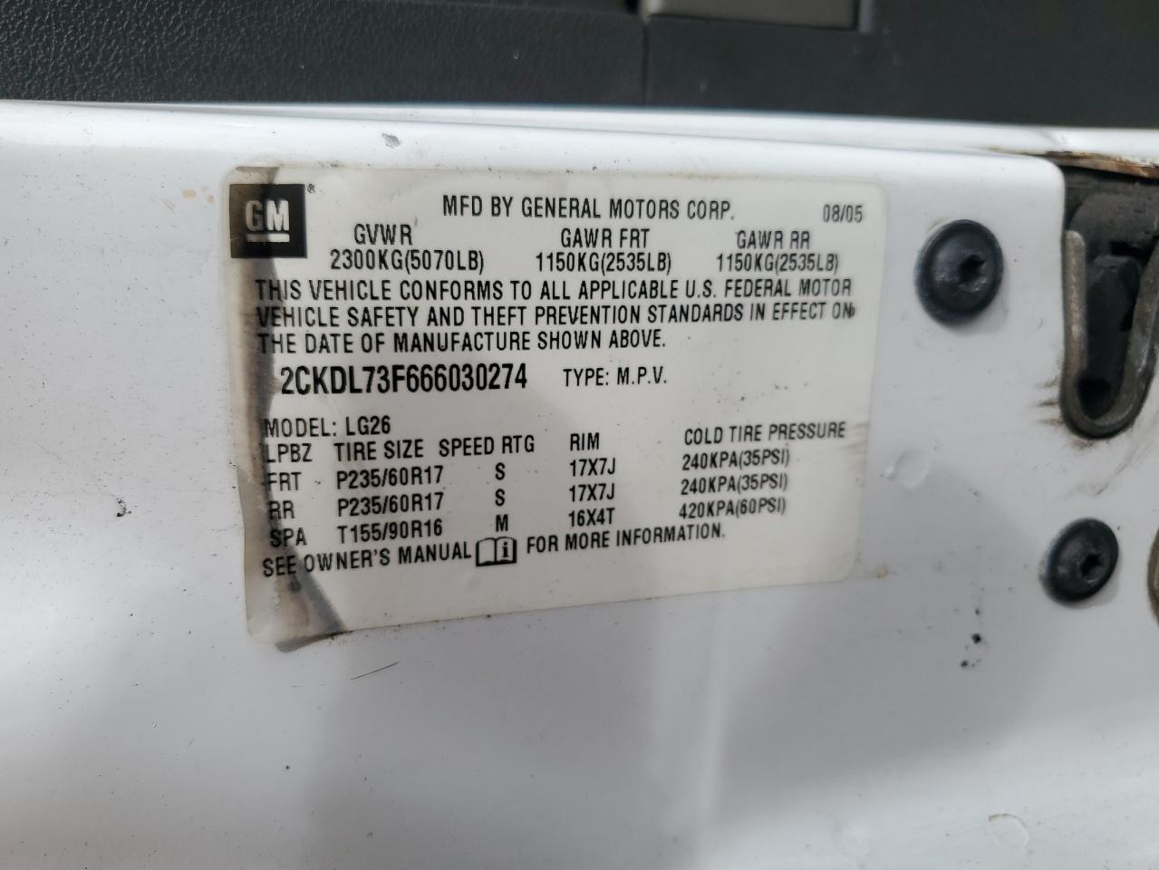 2006 Pontiac Torrent VIN: 2CKDL73F666030274 Lot: 83980055