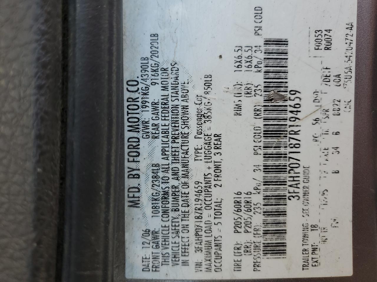 2007 Ford Fusion Se VIN: 3FAHP07187R194659 Lot: 82079435