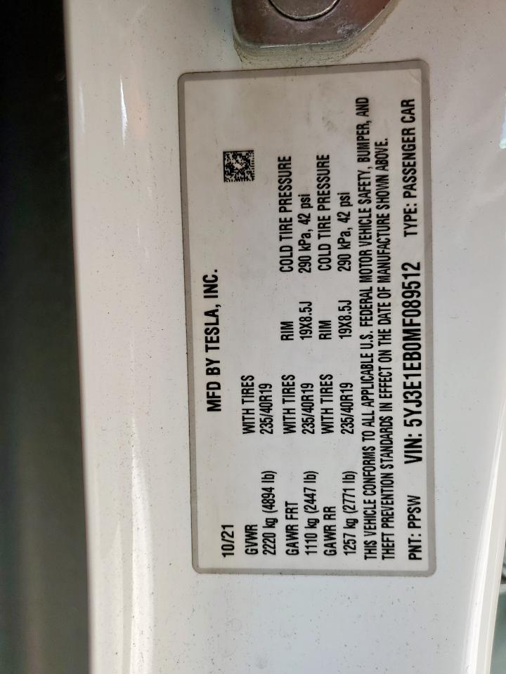 2021 Tesla Model 3 VIN: 5YJ3E1EB0MF089512 Lot: 82071635